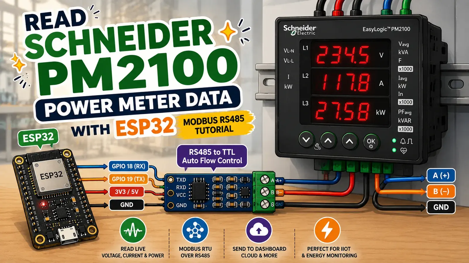 Read Schneider PM2100 Power Meter Data with ESP32 (Modbus RS485 Tutorial)