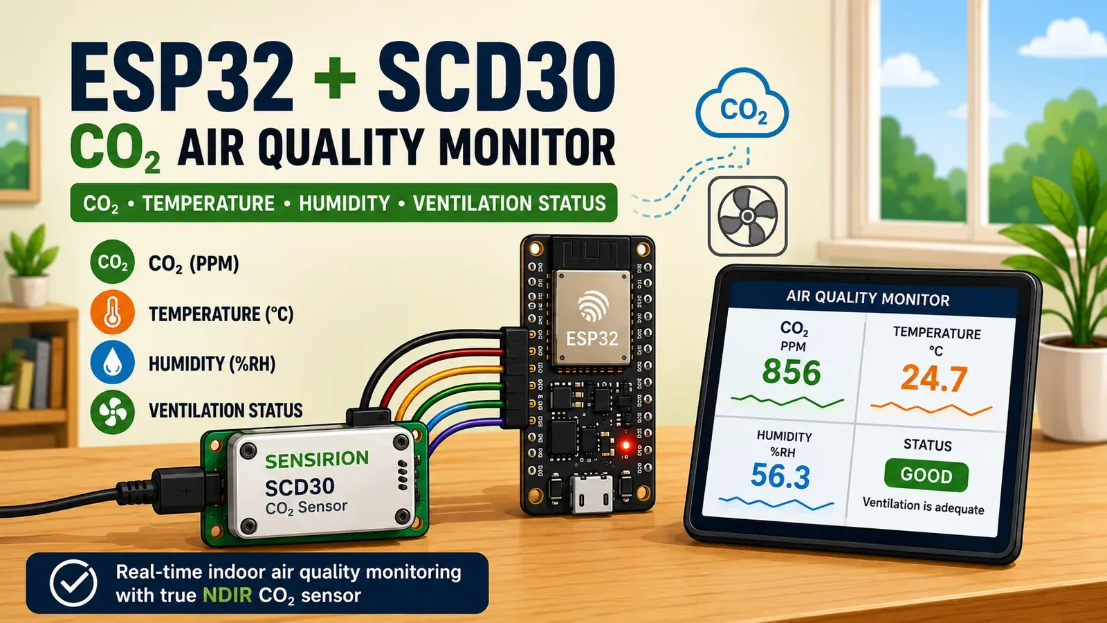 ESP32 CO₂ Monitoring: How to Interface the Sensirion SCD30 NDIR Sensor